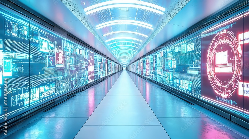Futuristic Technology Corridor with Digital Displays and Neon Lights Futuristic Technology Corridor with Digital Displays and Neon Lights