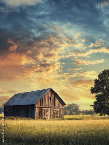 Rustic Wooden Barn at Sunse...