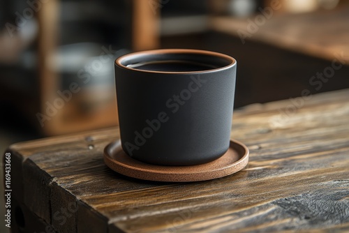 Warm coffee in black mug placed on wooden coaster near a window in morning light