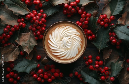 Enjoying a festive latte art coffee surrounded by holly and berries in a cozy...