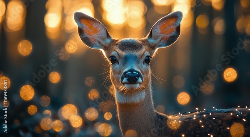 Majestic deer gazes into the distance during a golden sunset in a serene forest