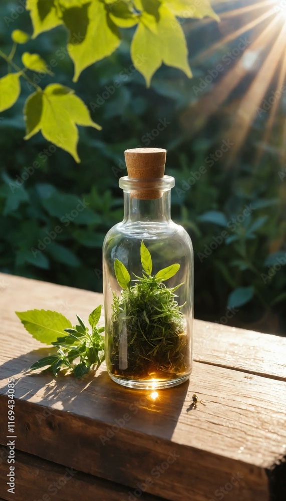 Botanical essence in a glass bottle, bathed in sunlight. A tranquil scene of nature's beauty and the essence of plants. Botanical essence in a glass bottle, bathed in sunlight. A tranquil scene of nature's beauty and the essence of plants.