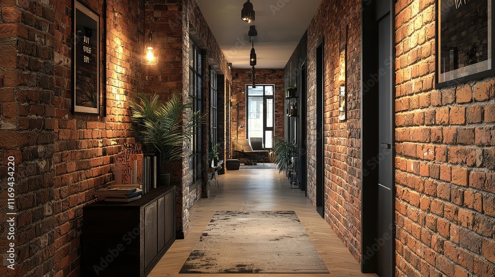 Fototapeta premium Cozy Modern Corridor with Exposed Brick Walls and Warm Lighting