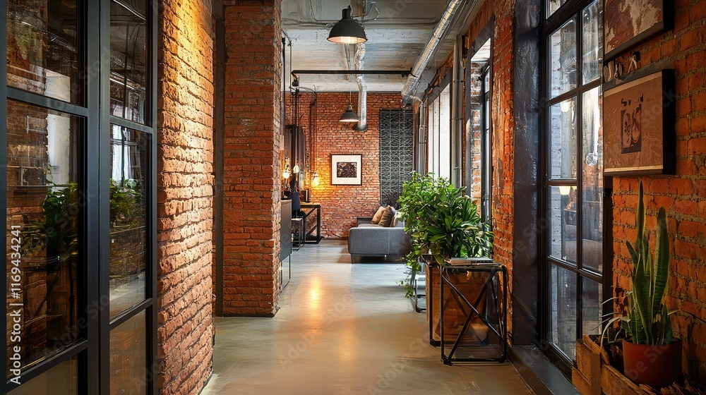 Fototapeta premium Modern Industrial Hallway with Exposed Brick and Natural Light