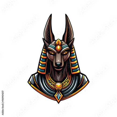 Detailed vector illustration of Anubis, the Egyptian god of the dead, with a golden collar and a blue and gold headdress.