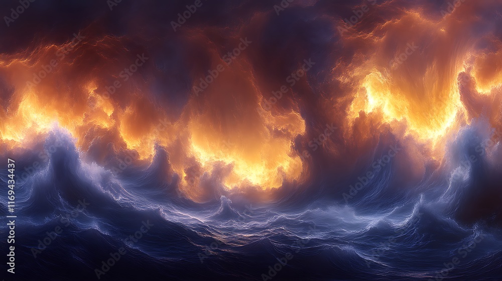Fiery Waves Crashing Over Dark Ocean Depths Fiery Waves Crashing Over Dark Ocean Depths