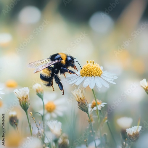 Bumblebee collecting nectar from a flower in a vibrant meadow during daytime