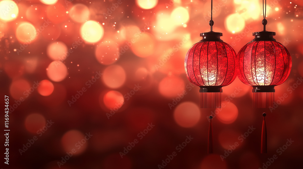 Chinese Lunar New Year background with lanterns and bokeh lights. Red colours with copy space. Chinese Lunar New Year background with lanterns and bokeh lights. Red colours with copy space.