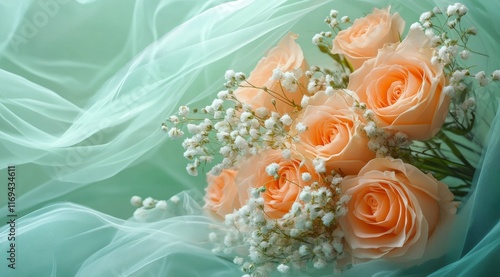 Elegant bouquet of peach roses surrounded by delicate white fillers on soft f...