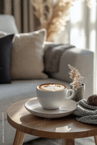 Cozy indoor setting with latte art on wooden table near comfy sofa and knit b...