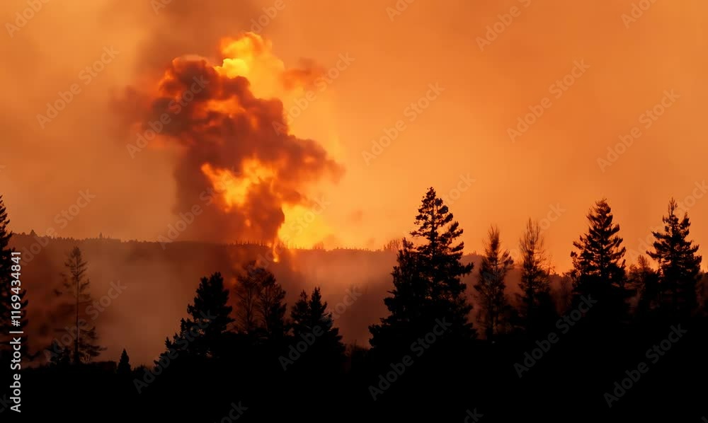 firestorm in the forest: panoramic view of wildfires tearing through firestorm in the forest: panoramic view of wildfires tearing through