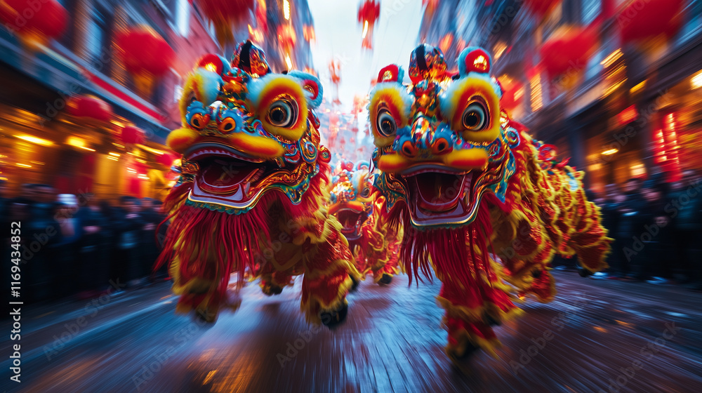 Fototapeta premium Motion blur showing movement and rush of Chinese lunar new year parade