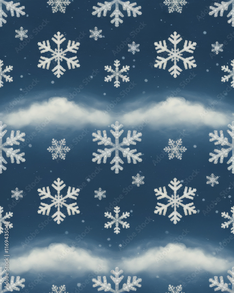Winter themed blue background with clouds. Seamless holiday snowflake pattern wallpaper background for winter concept. Winter themed blue background with clouds. Seamless holiday snowflake pattern wallpaper background for winter concept.