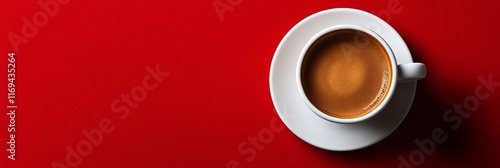 Freshly brewed coffee in a white cup on a vibrant red table