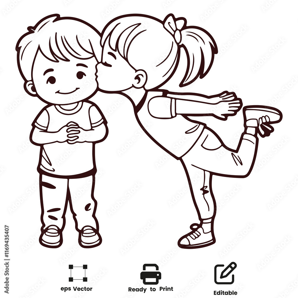 Adorable Kids Sharing Sweet Kiss love symbol Line Art vector design Valentine Day coloring page for printable activity book Adorable Kids Sharing Sweet Kiss love symbol Line Art vector design Valentine Day coloring page for printable activity book