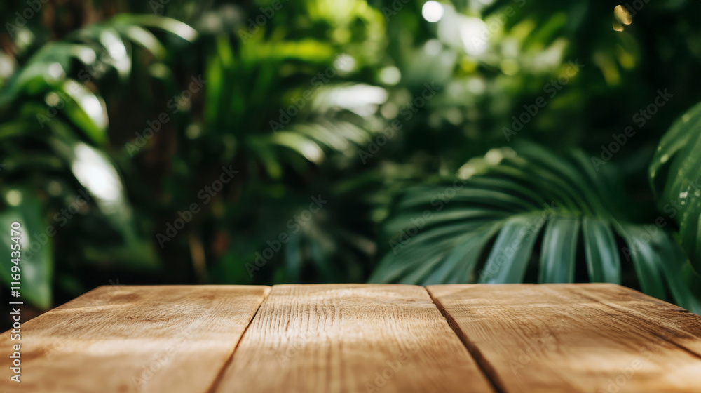 Empty wooden table with blurred tropical plants background, providing a natural and inviting space to showcase products or create a serene atmosphere Empty wooden table with blurred tropical plants background, providing a natural and inviting space to showcase products or create a serene atmosphere