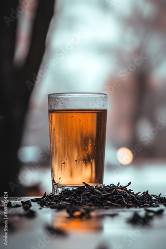 Refreshing beverage in a glass surrounded by tea leaves in a quiet outdoor se...
