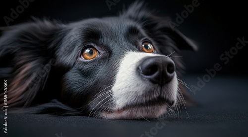 Close-up of a black and white dog gazing thoughtfully with a curious expressi...