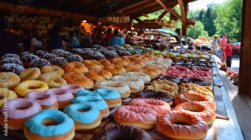 A charming bakery stall at naplavka farmers market in Prague, featuring rows of freshly baked pastries and colorful, handcrafted doughnuts. photo