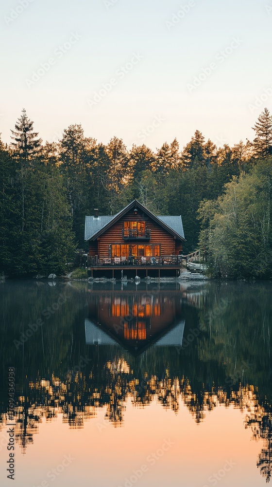 Fototapeta premium Tranquil Lakeside Cabin Reflection in Serene Wilderness at Sunset
