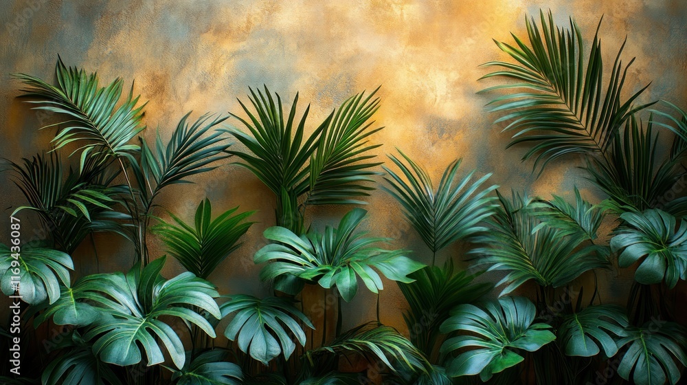 Lush tropical foliage against textured wall. Lush tropical foliage against textured wall.