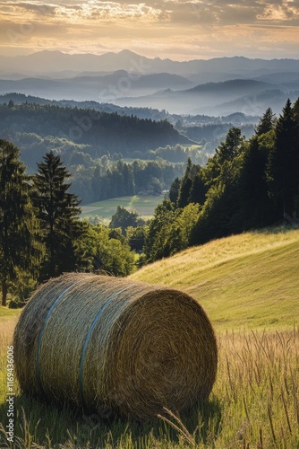 Beautiful sunset over a peaceful rural landscape with a hay bale and mountain...
