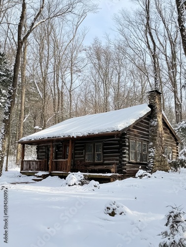 Snow Covered Log Cabin Wint...