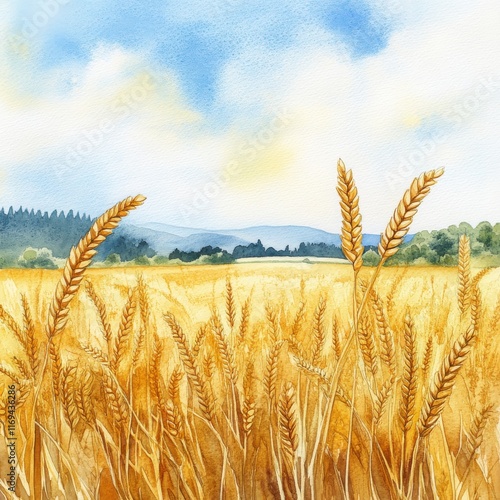 Wheat fields watercolor illustration of golden stalks under soft skies. Represents abundance, tradition, and agricultural beauty.