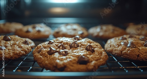 Freshly baked chocolate chip cookies cooling on a rack in a cozy kitchen