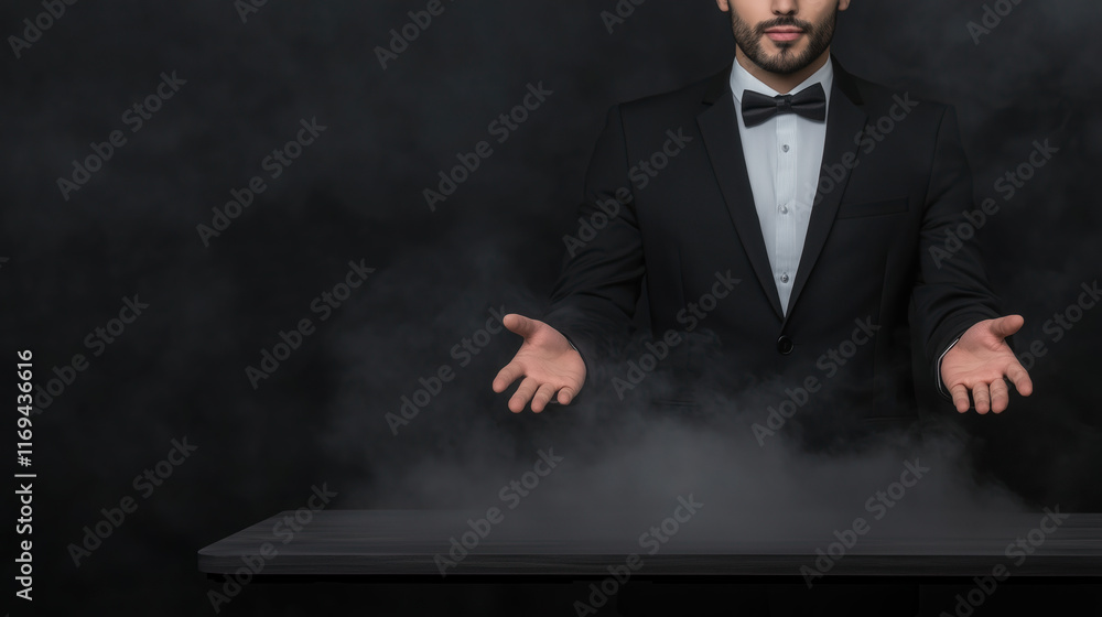 Magician Performing Levitation Trick in Black Suit With Mysterious Atmosphere and Smoke on Dark Background Magician Performing Levitation Trick in Black Suit With Mysterious Atmosphere and Smoke on Dark Background