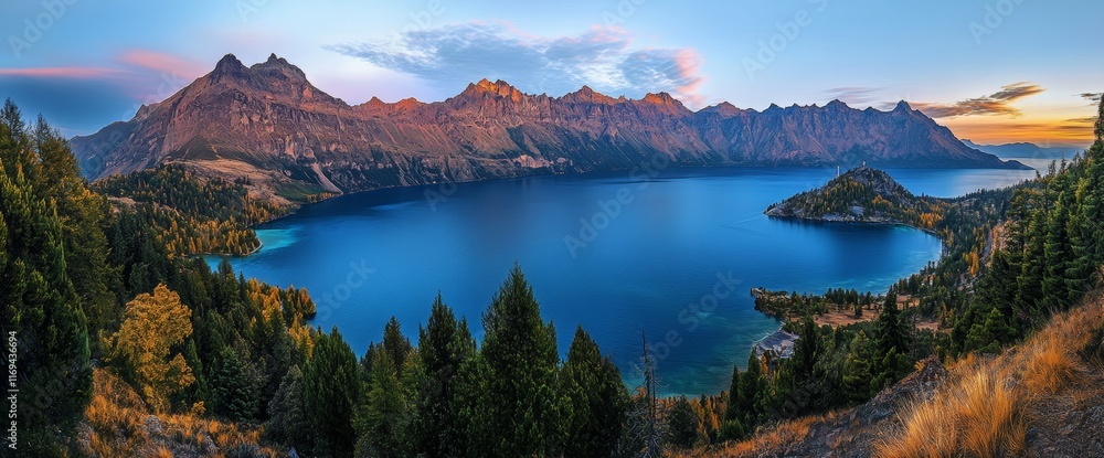 Obraz premium A stunning view of a large mountain range surrounds a clear blue lake reflecting the colors of a sunset. Lush greenery frames the scene, creating a picturesque atmosphere