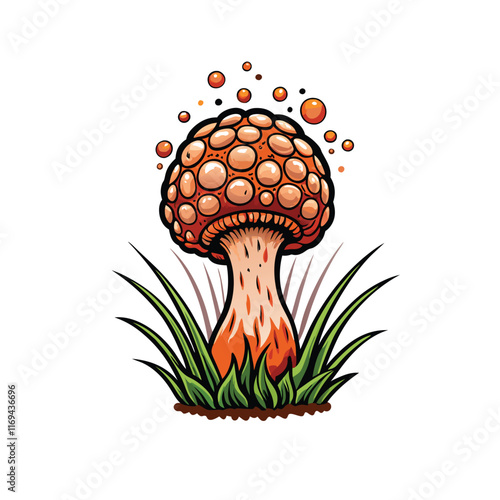 Vector illustration of a puffball mushroom releasing spores.