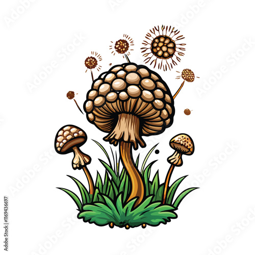 Detailed vector illustration of a puffball mushroom releasing spores, surrounded by grass.