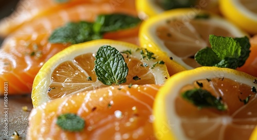 Fresh salmon fillets garnished with lemon slices and mint leaves on a wooden ...