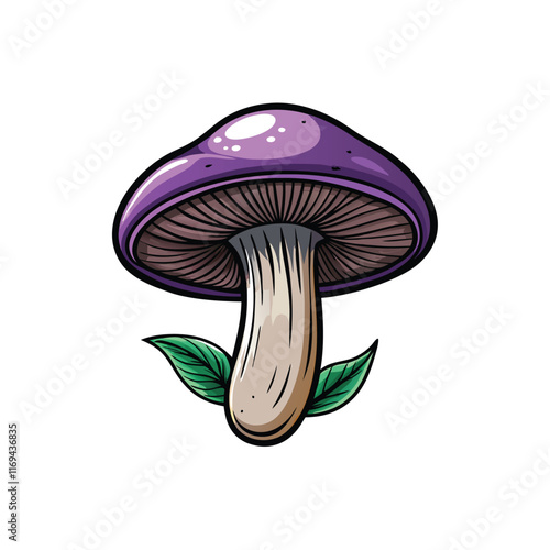 Detailed vector illustration of a wood blewit mushroom with two green leaves.
