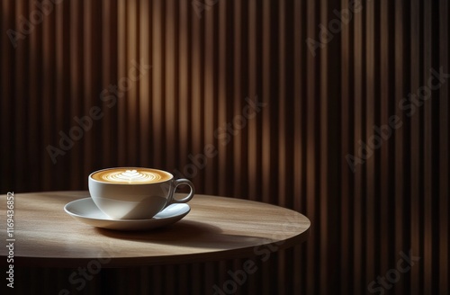 Coffee cup with intricate latte art on a wooden table in a warm atmospheric s...
