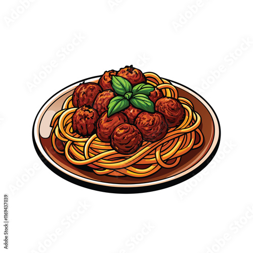 Vector illustration of Italian meatballs with spaghetti and basil leaves on a plate.