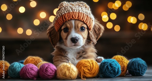 Cute puppy wearing a knitted hat and scarf surrounded by colorful yarn balls ...
