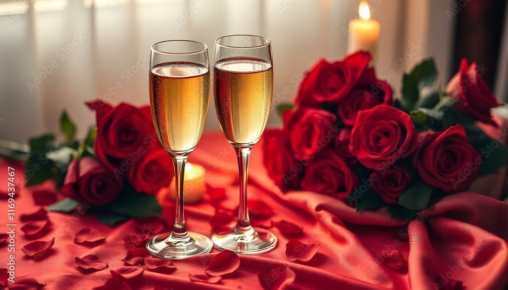 Valentines day background with champagne glasses and red roses
Valentines day background with champagne glasses and red roses