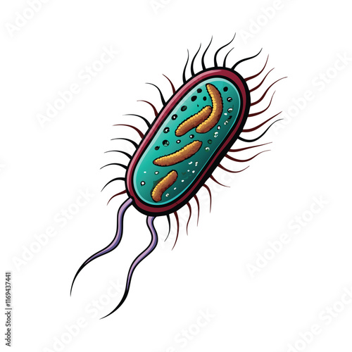 Detailed vector illustration of Listeria monocytogenes bacteria with flagella, showing internal structure.