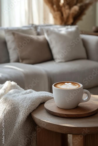 Cozy indoor setting with latte art on wooden table near comfy sofa and knit b...