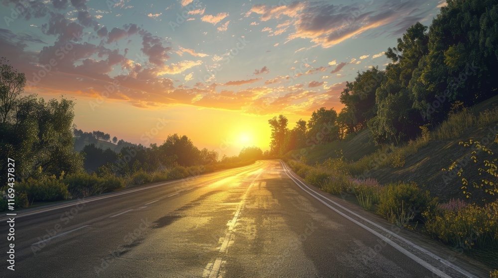 Obraz premium A captivating sunrise over a winding highway surrounded by lush greenery and vibrant colors