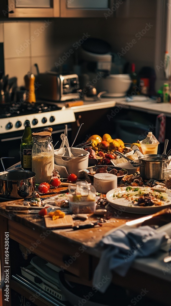 Messy Kitchen Table with Food and Dishes After Gathering Event Messy Kitchen Table with Food and Dishes After Gathering Event
