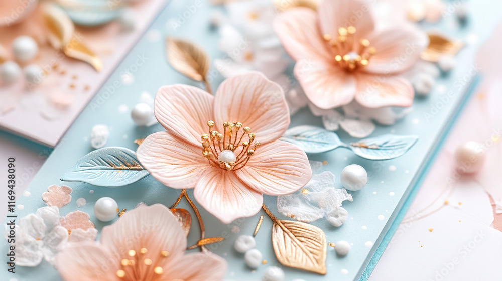 Elegant 3D Floral Design with Pearls and Gold Accents Elegant 3D Floral Design with Pearls and Gold Accents
