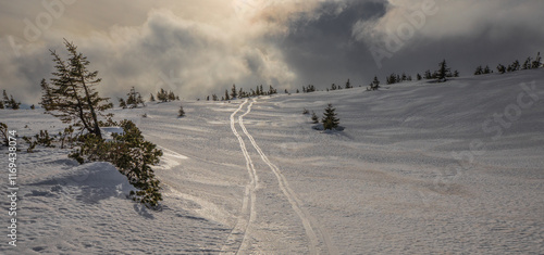 Snowy valley, ski tracks on  snow, clouds