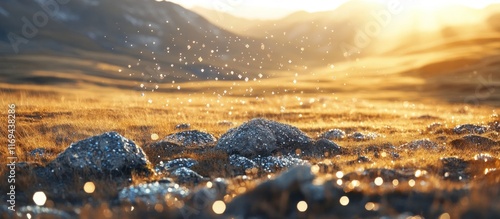 Breathtaking sunset landscape with a shimmering reflection on the calm waters of a pristine mountain lake surrounded by towering peaks and an ethereal glowing sky