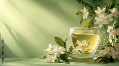 Steaming cup of green tea surrounded by fresh flowers in soft sunlight