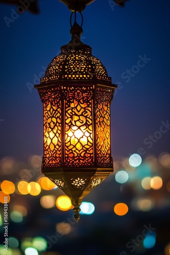 Decorative lantern hanging with vibrant city lights in the background during ...