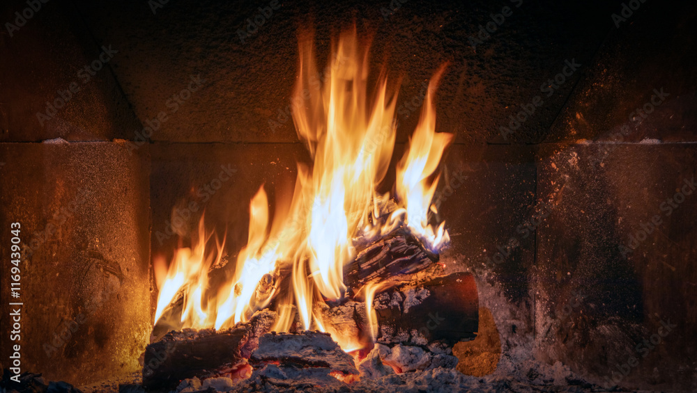 Home fireplace with wood fire burning for the cold winter Home fireplace with wood fire burning for the cold winter