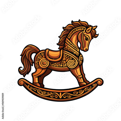 Detailed illustration of a wooden rocking horse with intricate carvings and a saddle.